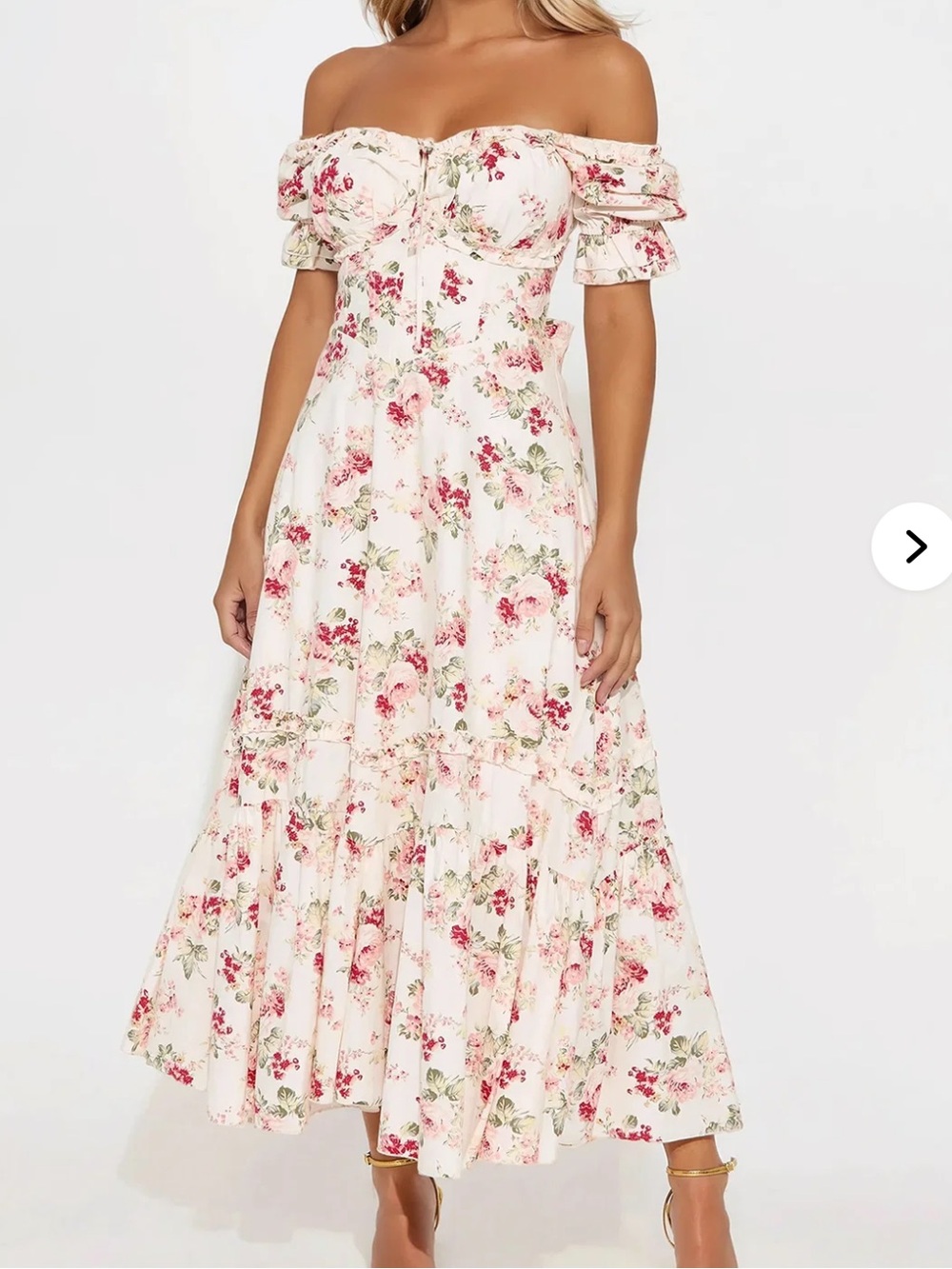 Fashion Nova Cream Off-Shoulder Floral Midi Dress with Pink Blooms